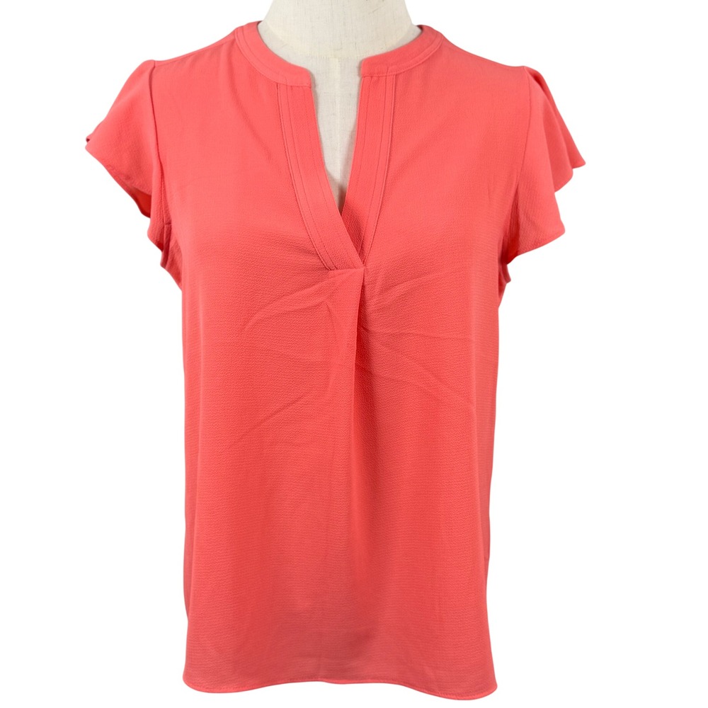 Calvin Klein S Coral Blouse Flutter Sleeve Split Neck Crepe Career Workwear EUC